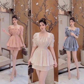 V566 Đầm dự tiệc, Đầm tiểu thư dáng xòe, thiết kế cổ vuông tay bồng xếp ly ngực, váy xòe 2 tầng