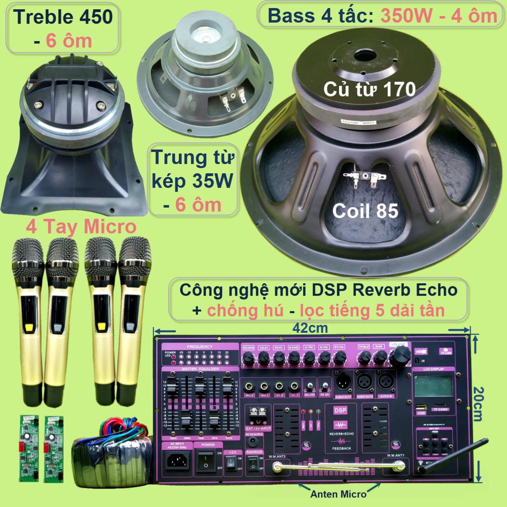 Mạch loa kéo 4 tấc đơn công suất 400W đỉnh cao DSP Reverb Echo có chống hú Equalizer 5 Band loa Bass xịn và kèm Mic Pin