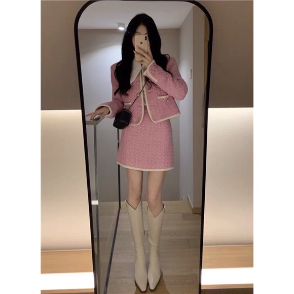Sét Dạ Tweed Màu Hồng Cực Xinh Hàng Thiết Kế | Tomjune Shop S025