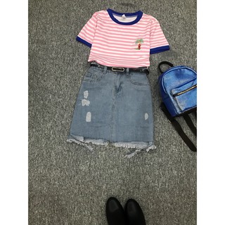 Hình thật - Nguyên set #QC Áo thun sọc thêu + Chân váy jeans