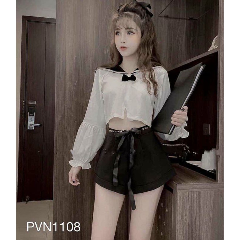 Set Áo Croptop Kiểu Kèm Nơ Phối Short Kèm Dây Cột Eo siu xinh (kèm ảnh thật)