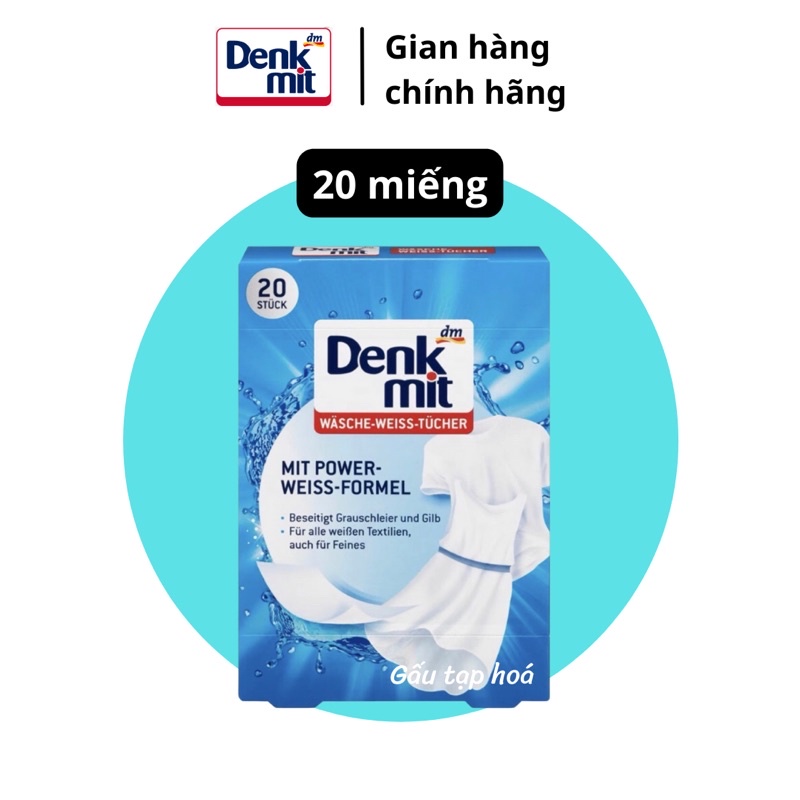 Giấy tẩy trắng quần áo Denkmit giúp tăng độ trắng sáng hộp 20 miếng - hàng nội địa Đức