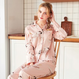 Combo Bộ pijama dài màu hồng nude họa tiết hạc