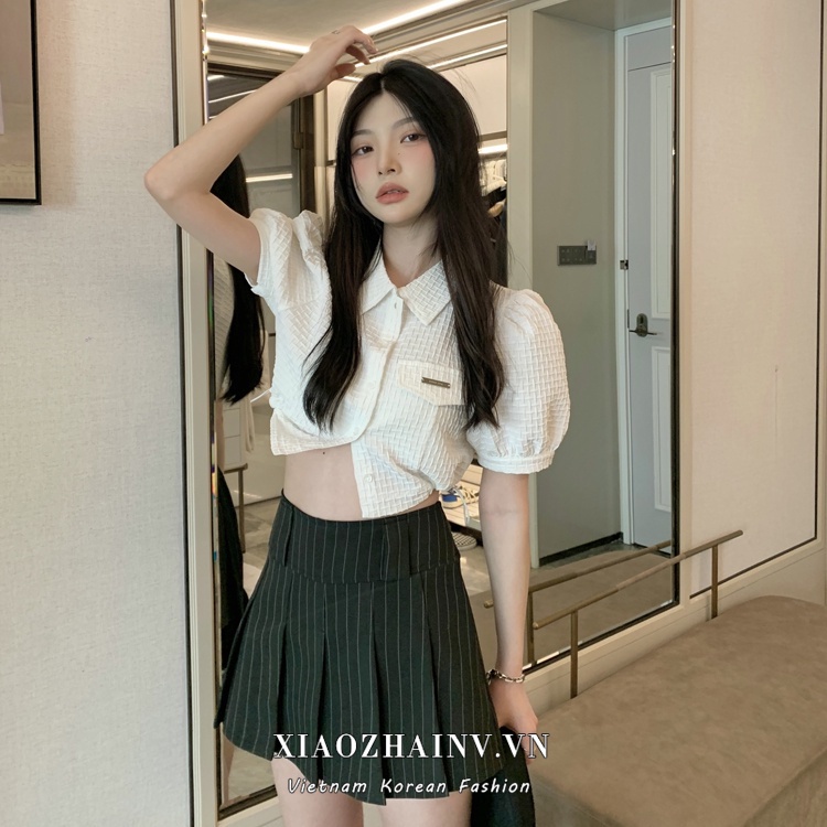 Xiaozhainv set Áo Croptop + Chân Váy Ngắn Kẻ Sọc Phong Cách Hàn Quốc Cho Nữ