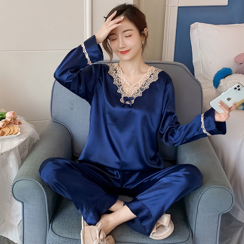 ngủ tay dài chất liệu lụa mát phong cách Hàn Quốc thời trang xuân thu cho nữ