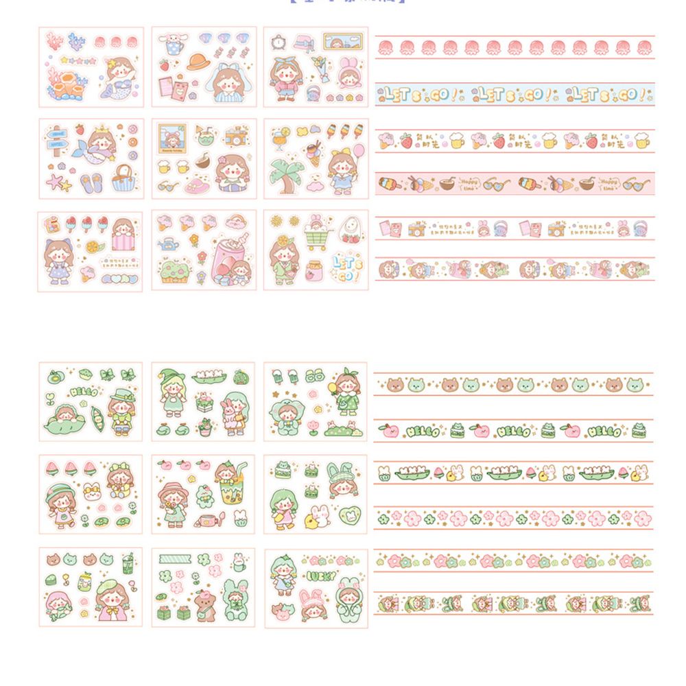 5 Cuộn băng keo dán trang trí sổ tay họa tiết hoạt hình dễ thương kèm 9 sticker diy