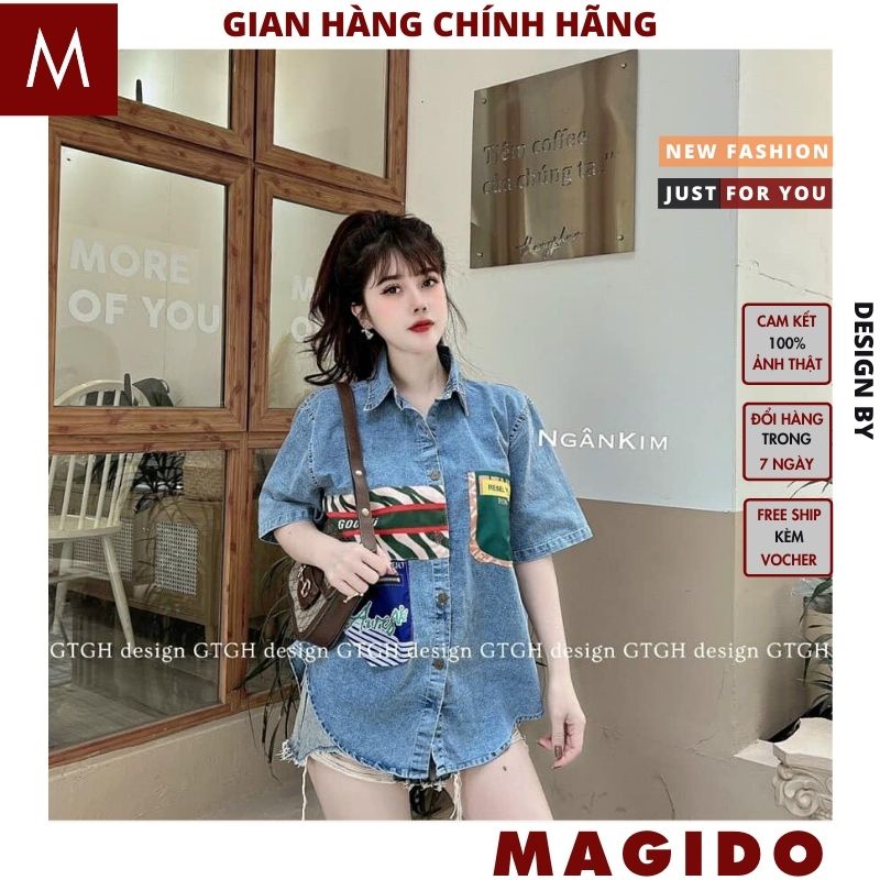 Áo sơ mi jeans bò cộc tay cổ đức in hình AB01 kiểu dáng hàn quốc ulzzang dáng suông form rộng cực kute -MAGIDO