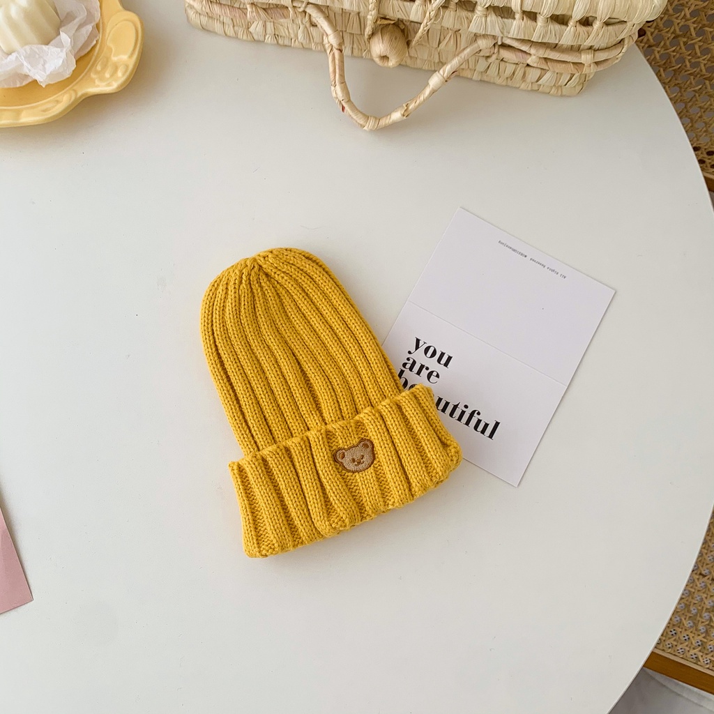 Mũ len giữ ấm thêu hình gấu màu kẹo cho bé 1-5 tuổi