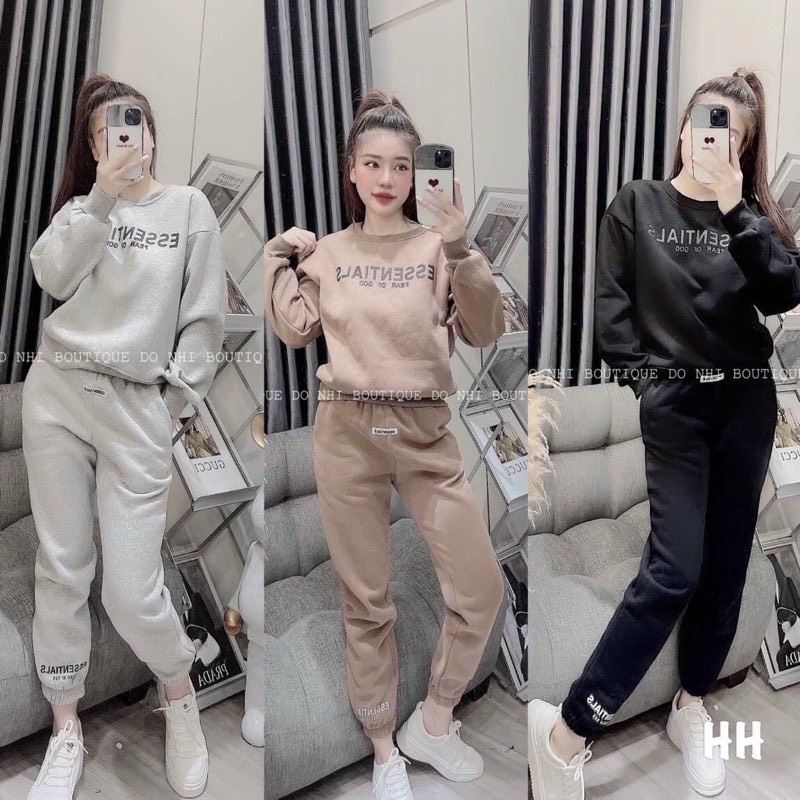 Bộ nỉ nữ thu đông Ess cao cấp Set bộ quần chun ống bo gấu kèm áo sweater in hình đẹp phong cách đường phố ulzzang Ailee