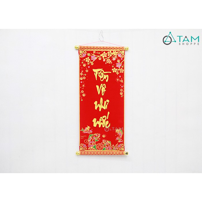 [NHUNG MỊN - IN NỔI] Liễn thư pháp nhung đỏ Tiền vô như nước D70cm T-LTP-02