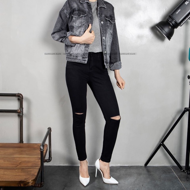 Quần jeans đen dáng skinny (rách gối + trơn) | BigBuy360 - bigbuy360.vn