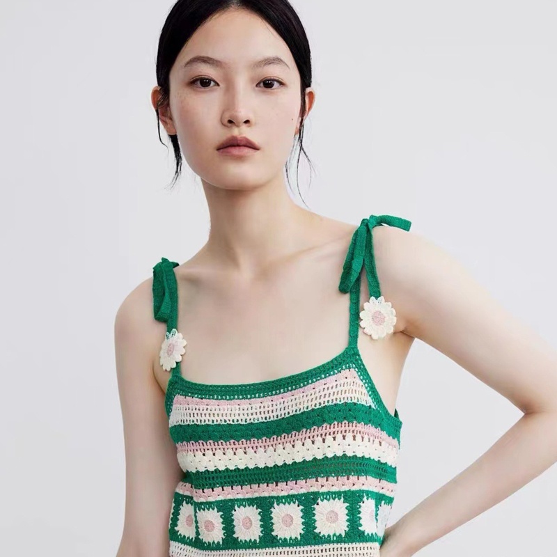 Xiangbao Áo Croptop Dệt Kim Họa Tiết Hoa Sọc Rỗng Đan Dây Buộc Cổ Cho Nữ