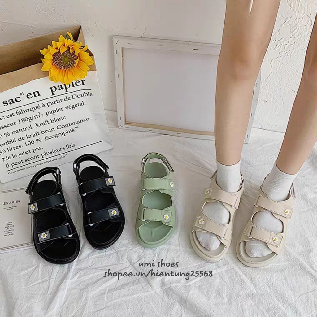 [CÓ SẴN] Giày sandal nữ hoa cúc quai bản ngang ULZZANG đế độn nâng cao 3 phân đi biển xanh/đen/kem đi chơi đi học đẹp