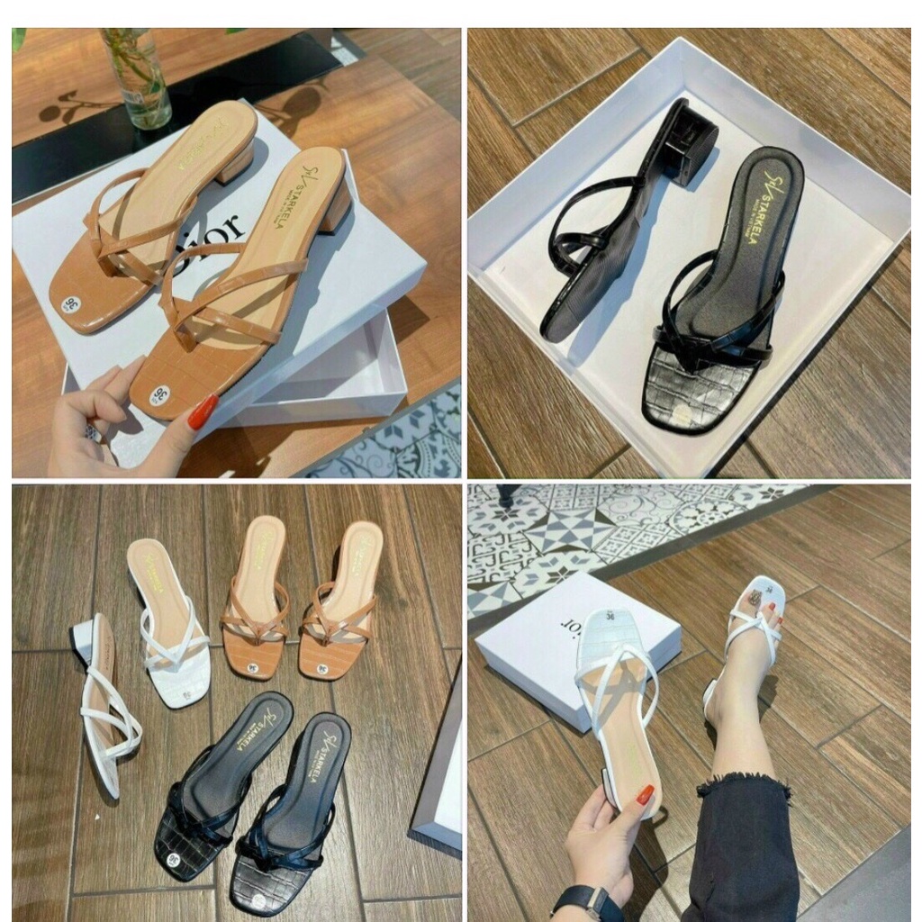 Dép nữ Guốc cao gót 3p xỏ ngón dây chéo gót vuông mẫu mới