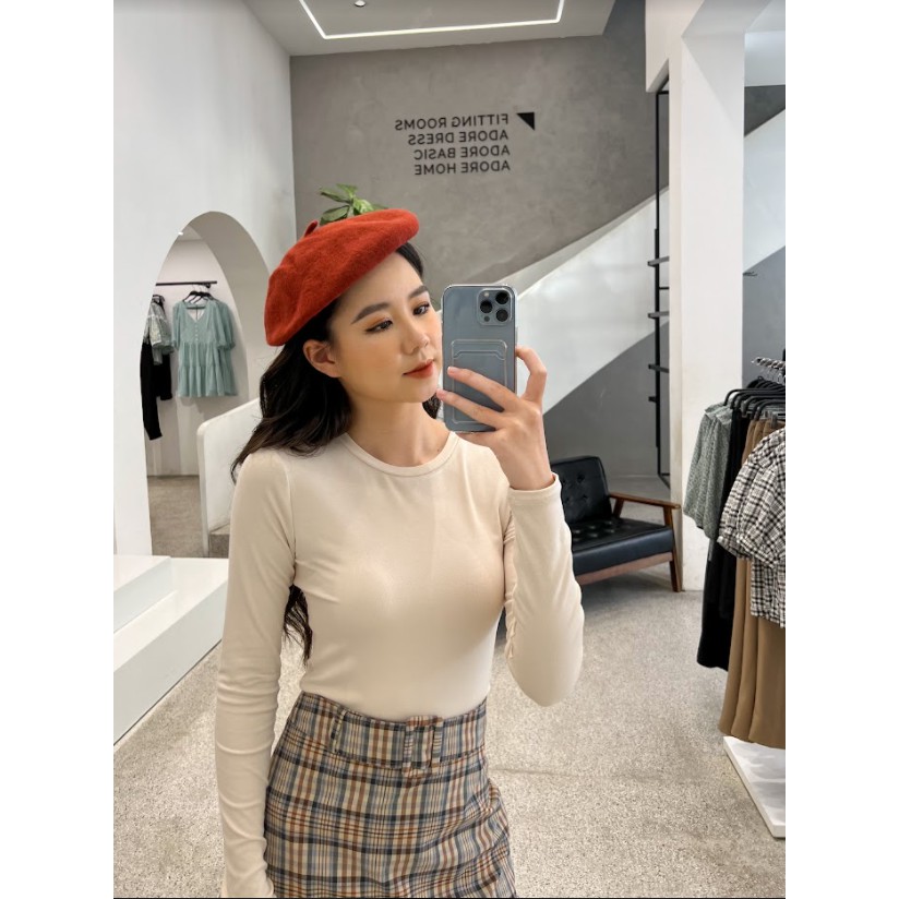 Áo len crop top rib cổ tròn ôm beige 1TS5002