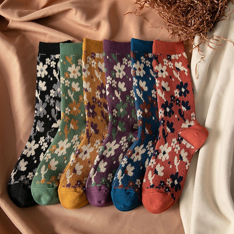 Retro Floral Cotton Women Mid-length Socks High Quality Double Needle Harajuku Style Lolita Sweet Girls Long Socks Women Socks