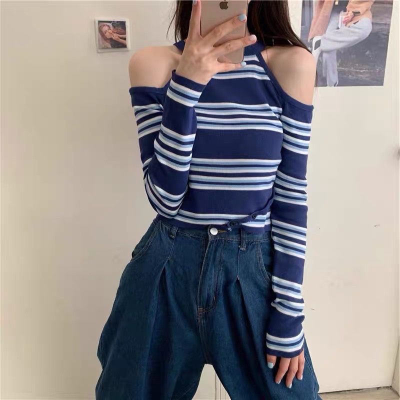 Áo Dệt Kim Tay Dài Kẻ Sọc Hở Vai Classy_Girl Ôm Dáng Trẻ Trung Thời Trang Hàn Quốc