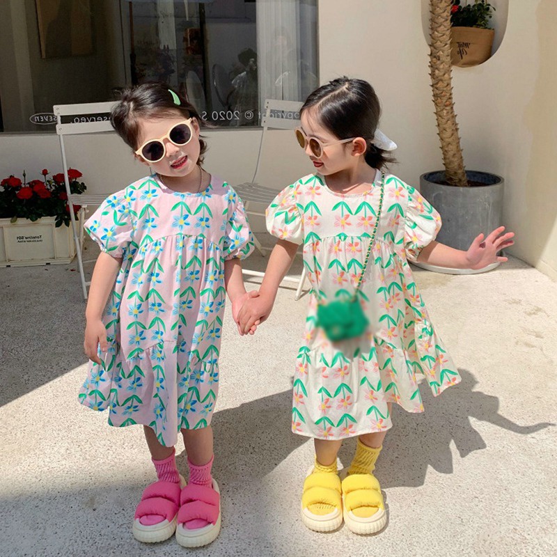 Đầm Công Chúa Tay Phồng Ngắn In Họa Tiết Hoa Phong Cách Hàn Quốc Đơn Giản Dành Cho Bé Gái