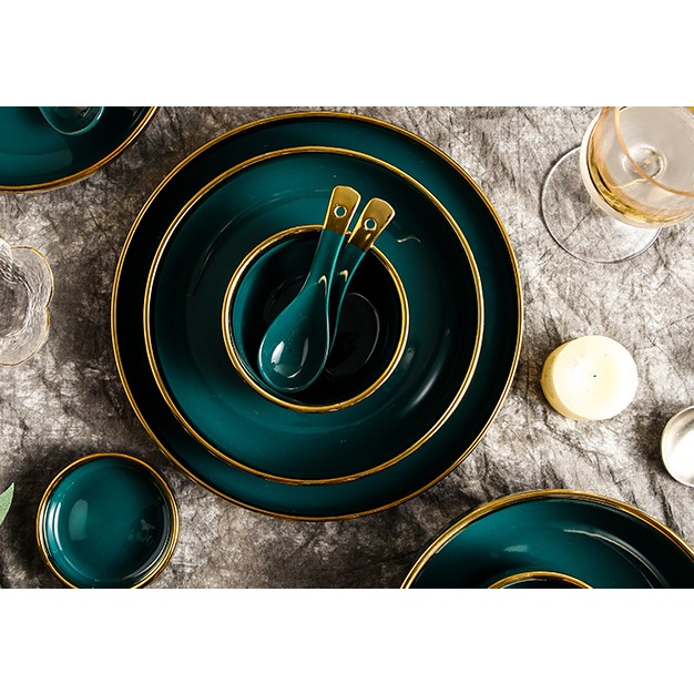 Bộ bát đĩa cao cấp xanh cổ vịt,chén dĩa decor đẹp 26 món viền vàng các màu phong cách Bắc Âu