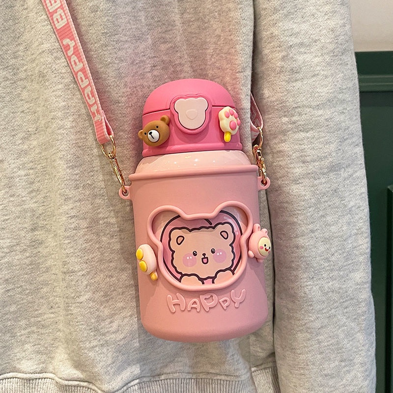 Bình Nước Bằng Thép Không Gỉ 316 Kèm Ống Hút Dễ Thương Tiện Dụng Cho Bé