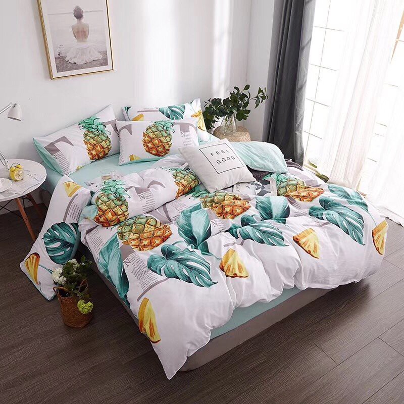 Bộ vỏ chăn drap gối cotton đũi-Qủa Dứa Vàng FSD