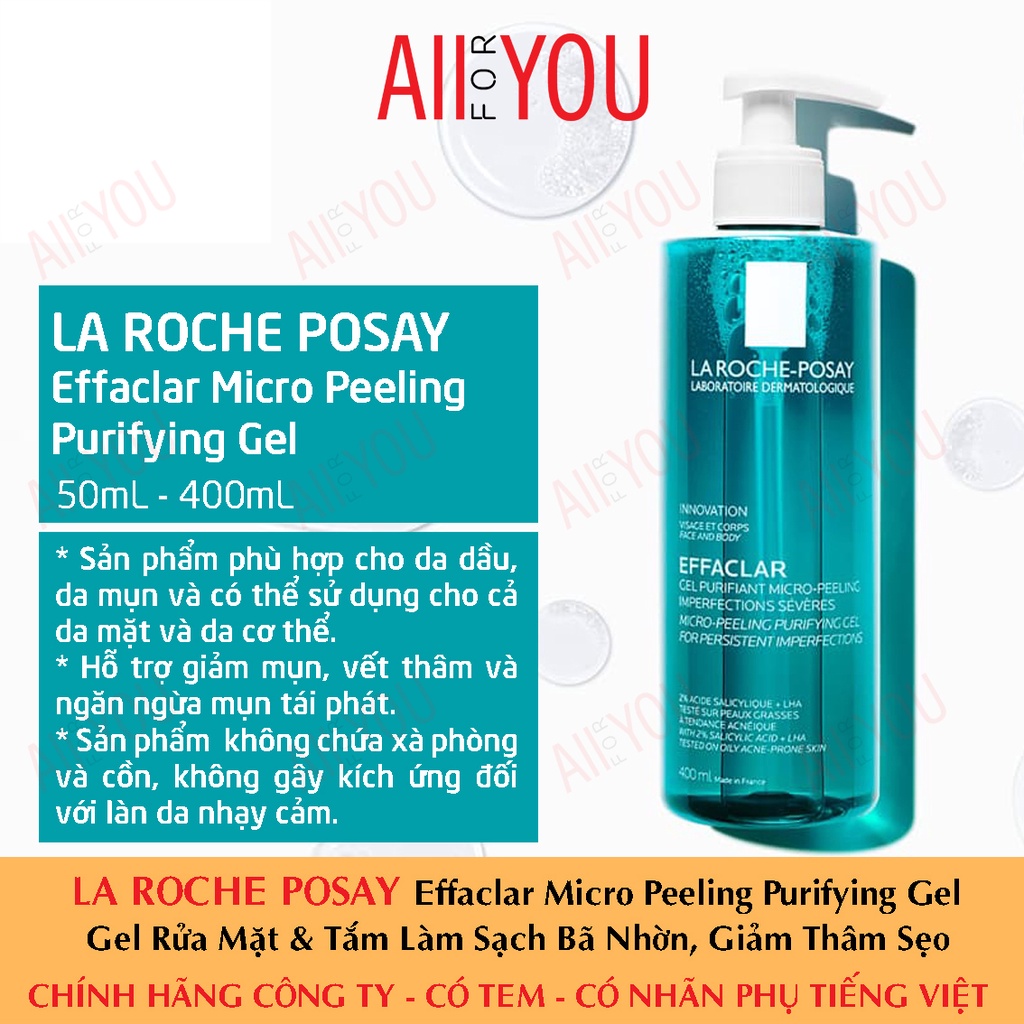La Roche Posay Effaclar Micro Peeling Purifying Gel 50mL & 400mL - Gel Rửa Mặt & Tắm, Giảm Thâm Sẹo