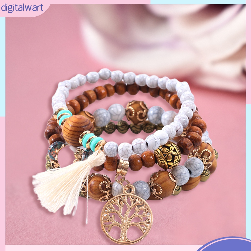 Bộ 4 vòng tay chuỗi hạt gỗ phối tua thời trang dành cho nam và nữ