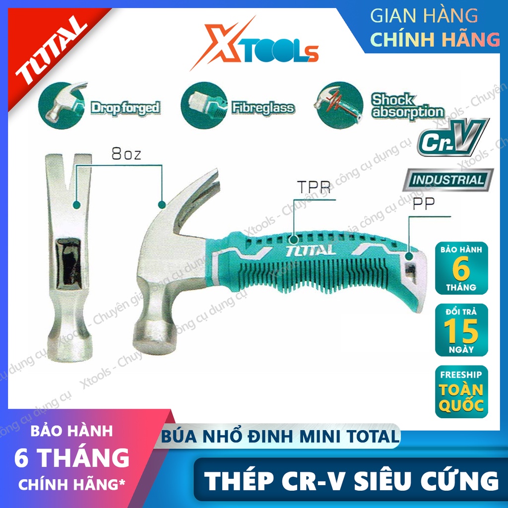 Búa đóng đinh mini TOTAL THTM7386D thép Cr-V búa nhổ đinh cầm tay đóng đinh bê tông, tường, gỗ, sửa chữa cơ khí - XTOOLs