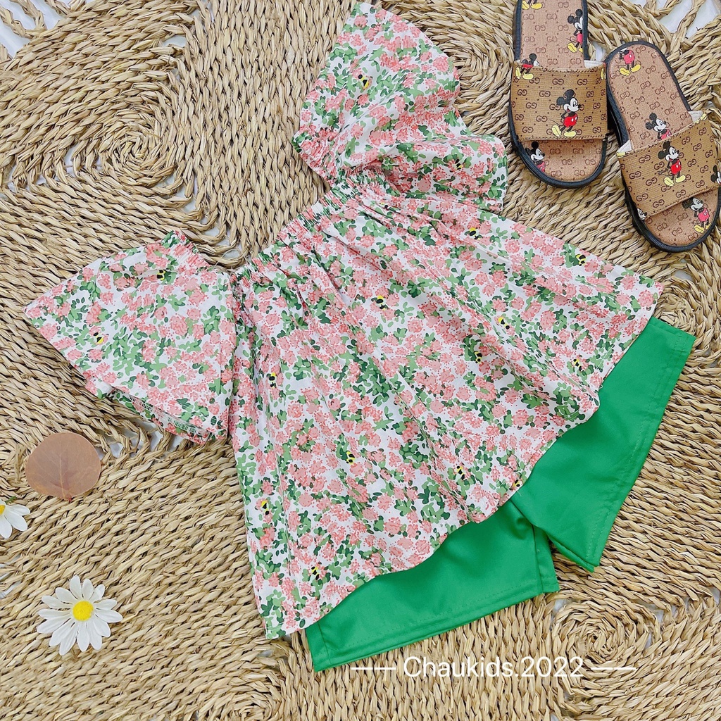 Bộ cộc tay bé gái, Set hoa nhí trễ vai phối quần xanh bé gái Bm_babyshop68