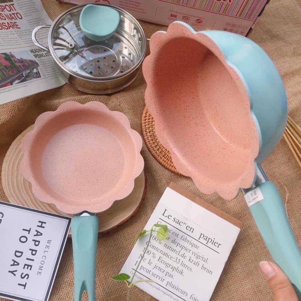 Bộ chảo nồi kèm xửng hấp kích thước 16cm nấu đồ ăn dặm chống dính cao cấp hình hoa sử dụng được bếp từ