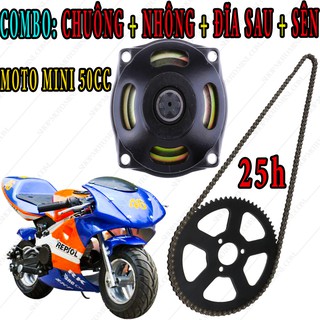 Bộ chuông nhông dĩa sên xe moto mini 50cc dùng cho dây xích 25h