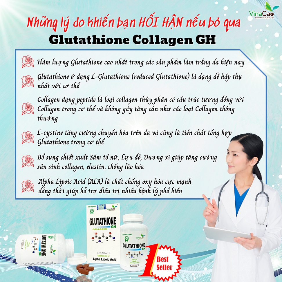 Viên uống trắng da Glutathione Collagen hộp 60 viên ngăn ngừa lão hóa, thu nhỏ lỗ chân lông