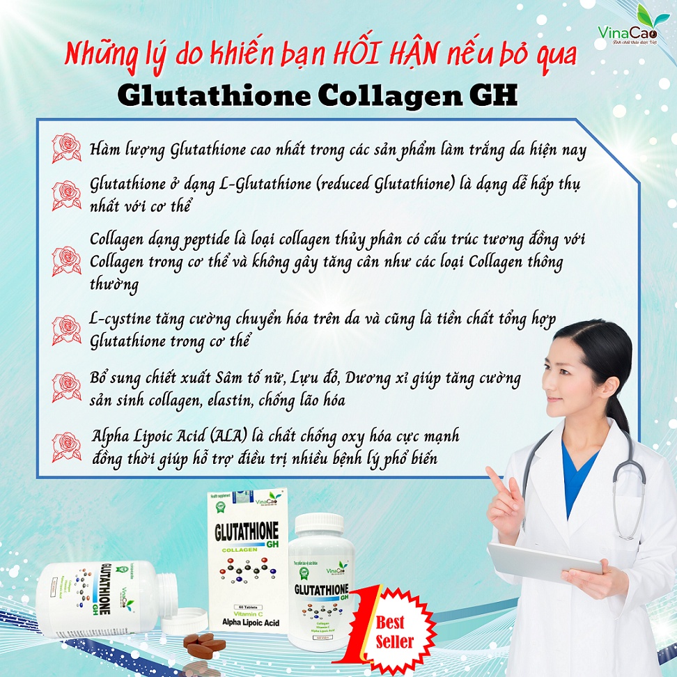 (Công thức mới) Viên uống trắng da Glutathione Collagen GH làm trắng da, ngăn ngừa lão hóa, giảm nám sạm tàn nhang