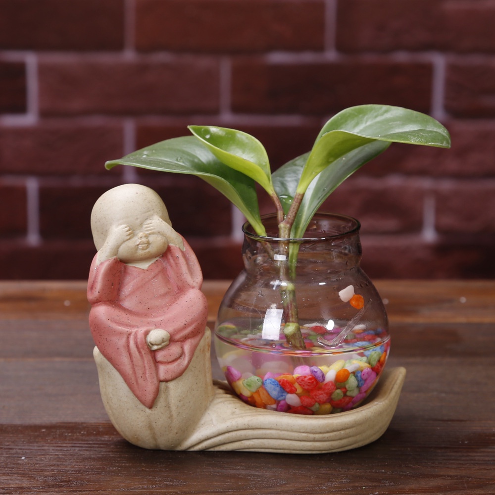 Bộ tượng 4 chú tiểu kèm lọ hoa thủy tinh, bộ 4 tượng tứ phật trang trí nhà cửa, xe oto