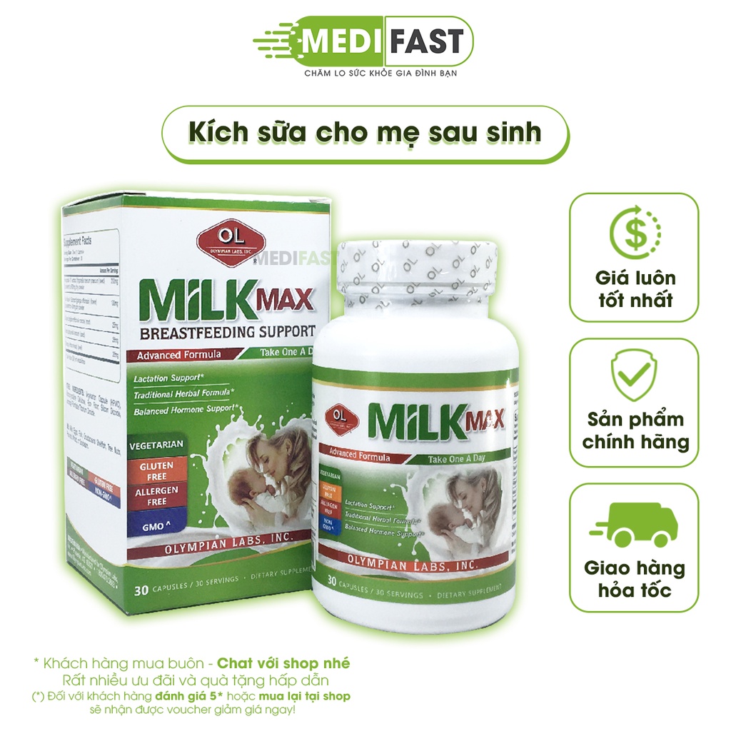 Viên Milk Max lợi sữa từ Olympian Labs nhập khẩu từ Mỹ, kích sữa cho mẹ sau sinh, cho con bú Hộp 30 viên