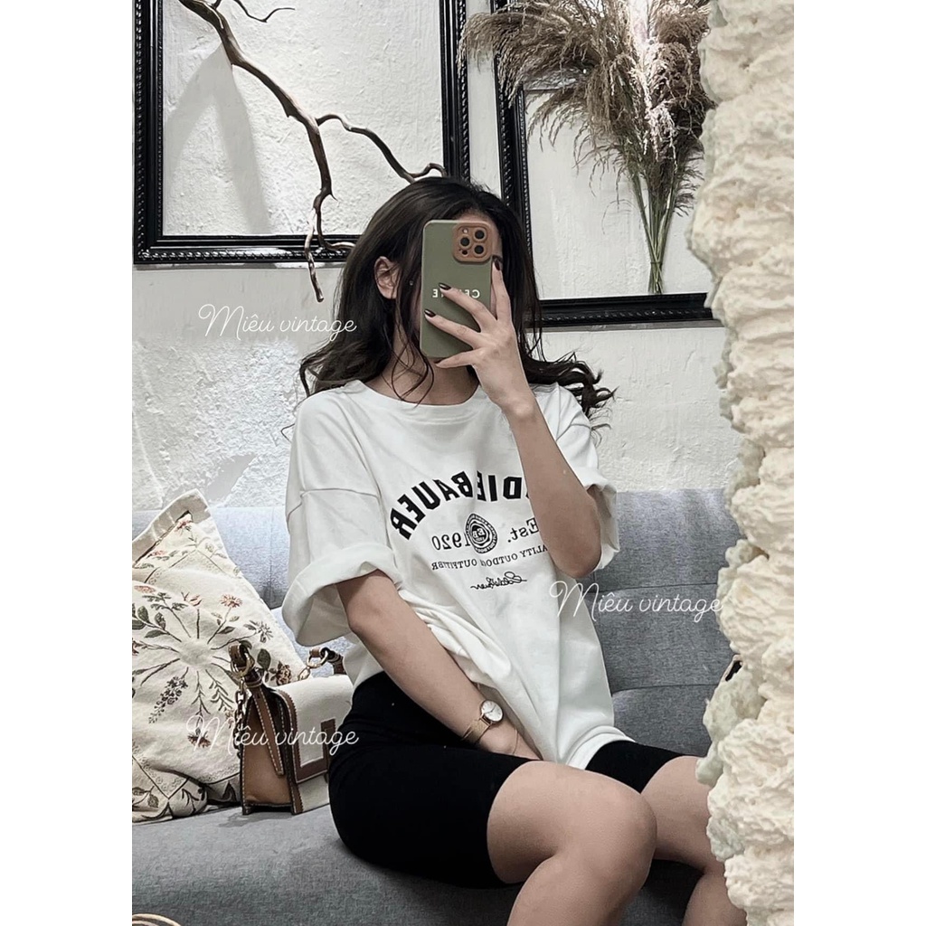 Áo phông dáng dài form rộng tay lỡ túi rip xịn in chữ ngực đơn giản vanmiushop