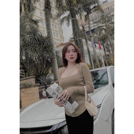 Áo thun Len Tăm Khuy Cổ Vuông 3 Màu Siêu Xinh Có Ảnh Thật Kèm Video Hàng Có Sẵn