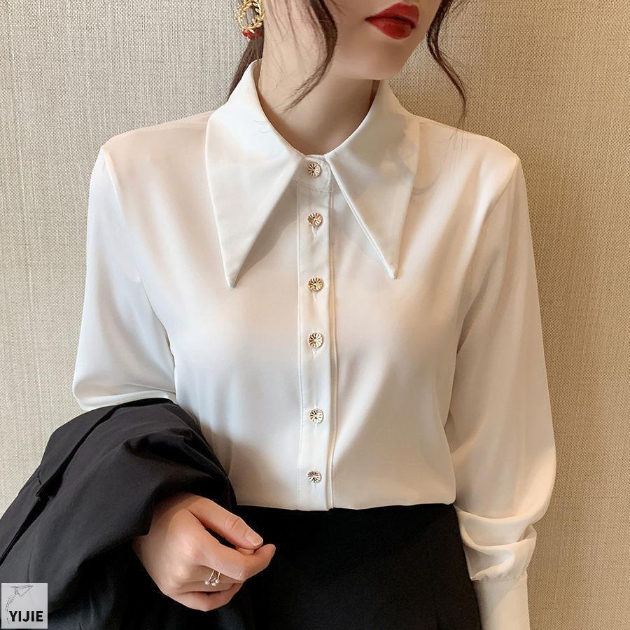 Áo Sơ Mi Trắng Vải satin Tay Dài Cổ Nhọn Thời Trang Mùa Xuân Cho Nữ 315286040