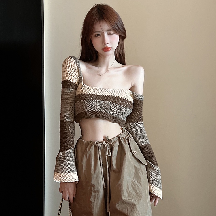 Áo Crop top Dệt Kim Tay Dài Chống Nắng Cổ Vuông Họa Tiết Kẻ Sọc Màu Tương Phản Phong Cách Hàn Quốc Cho Nữ