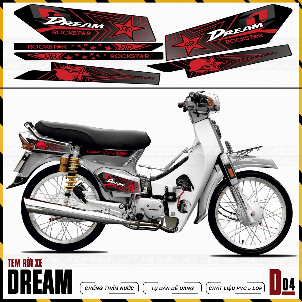 Tem Chế Dán Xe Dream 110 100 Thiết Kế Rockstar | D4 | Tem Rời Xe Dream Việt, Thái Chống Nước, Bền Màu