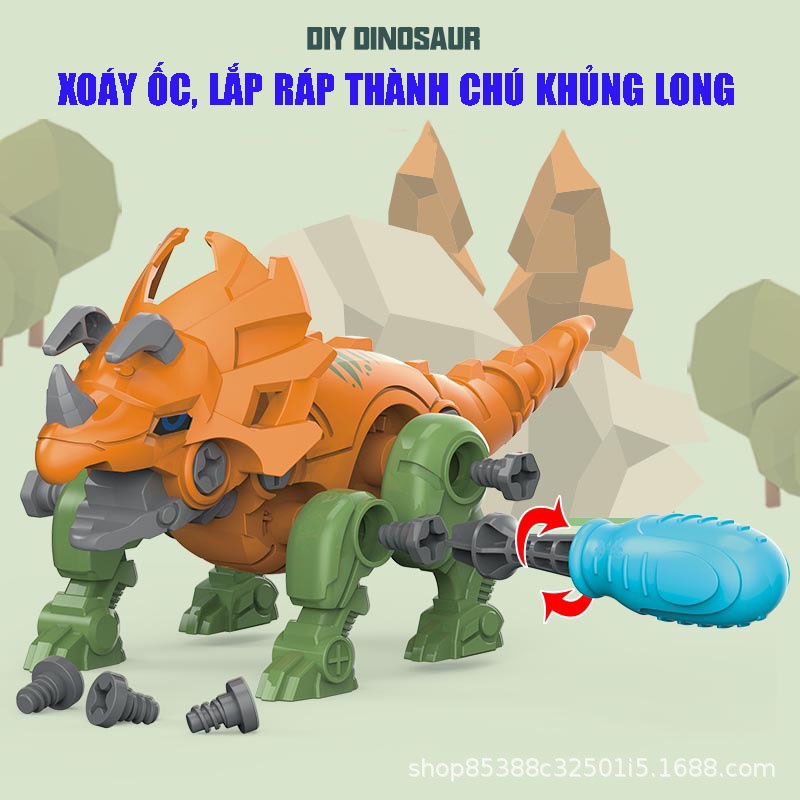 Bộ đồ chơi lắp ráp robot khủng long 5 con trong 1 hộp đựng bằng giấy, kèm tô vít, chất liệu nhựa ABS an toàn