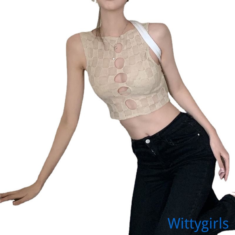 Áo Croptop Dệt Kim Không Tay Cổ Tròn Họa Tiết Sọc Caro Thời Trang Cho Nữ