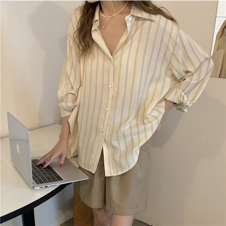Xiaozhainv  Áo Sơ Mi Tay Dài Dáng Rộng Kẻ Sọc Thời Trang Retro Cho Nữ