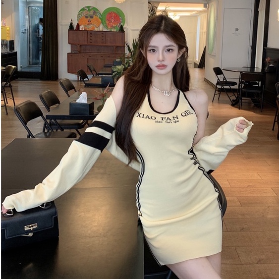 Đầm Ôm Tay Dài Cổ Tròn In Chữ Thời Trang Hàn Quốc Dành Cho Nữ