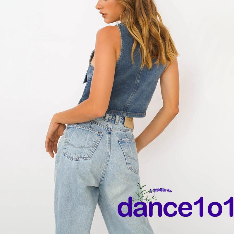 Áo denim cổ chữ V phối hàng nút thời trang cho nữ