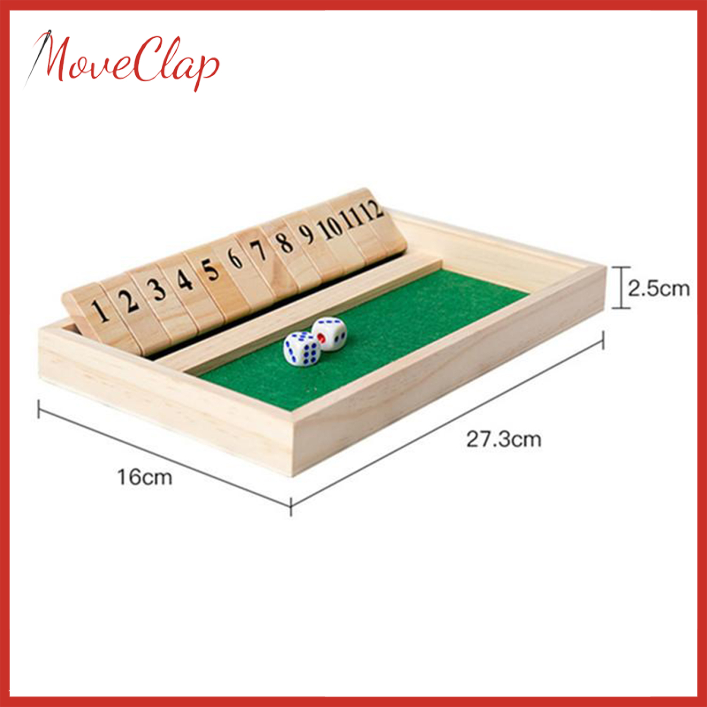 MoveClap Shut The Box Game - 12 Numbers Wooden Dice Game Wooden Number Board Game