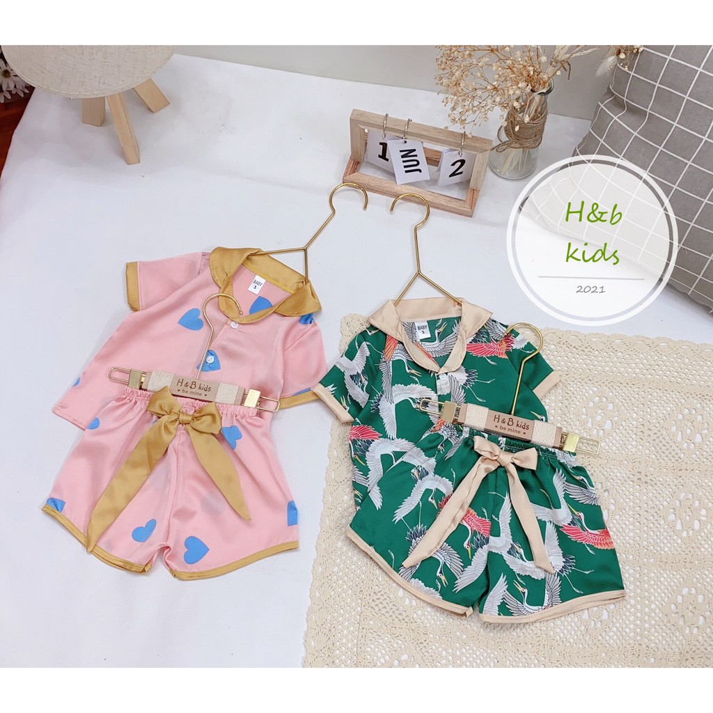 Bộ pijama cho bé MỀM MẠIBộ Ngủ Pijama Lụa Phối Nơ Cao Cấp Cho Bé Gái , Size từ 8kg đến 20kg