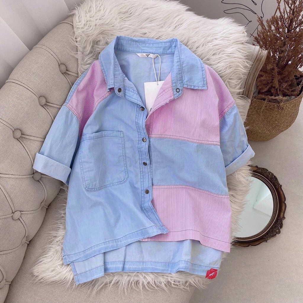 ÁO SƠ MI NỮ  TAY LỬNG , DENIM BÒ XANH PHỐI HỒNG TÚI NGỰC VẠT