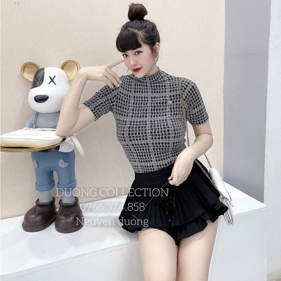Áo nhũ kẻ cổ cao 3P dáng ôm ngắn tay, Áo kiểu cổ leo tag cài rời AN5211 - NhiNhi Shop