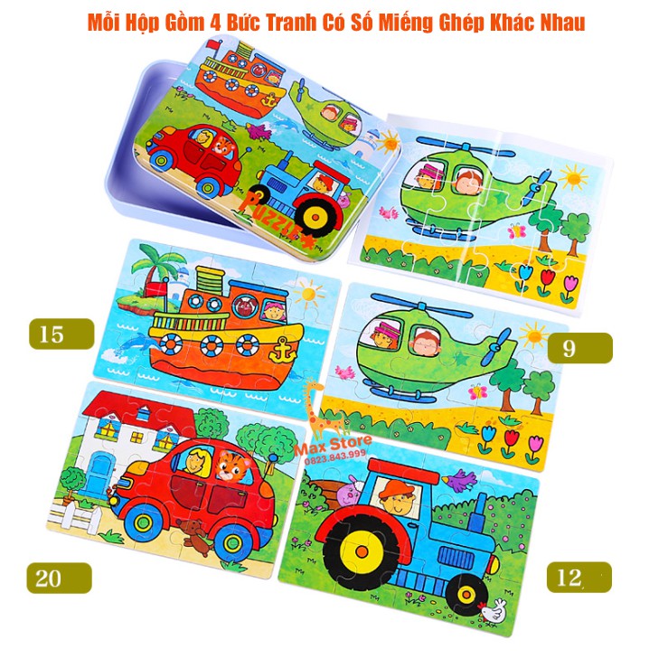 (4 Cấp Độ) Đồ Chơi Gỗ Bộ 4 Tranh Ghép Hình PUZZLE Hộp Sắt